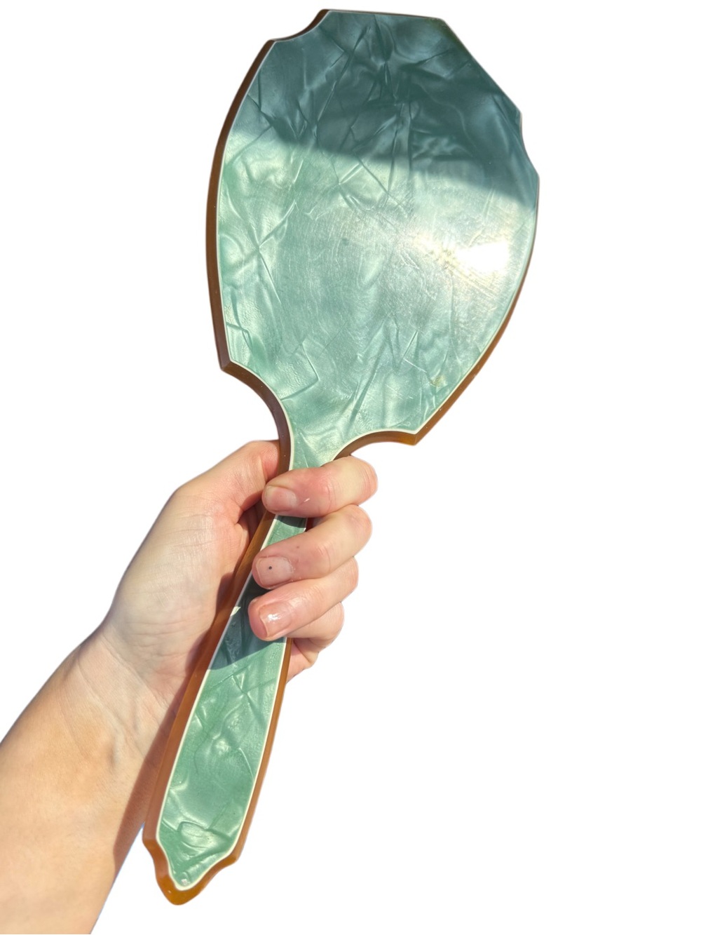 Vintage Art Deco Celluloid Vanity Mirror Green Pearltone with Floral Design